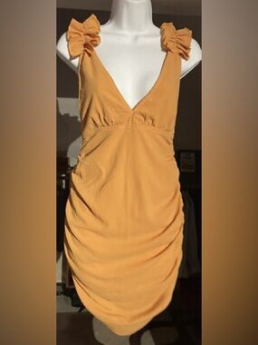 Blue Blush Mustard Yellow Ruffle-Shoulder V-Neck Dress